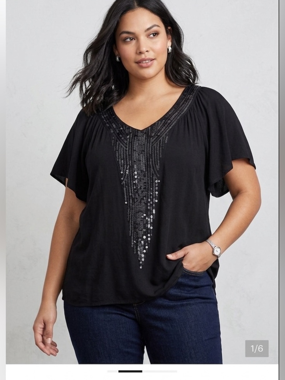Apt. 9 Black Sequin V-Neck Flutter Sleeve Blouse Top Plus Size 0X RN73277